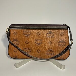 MCM Visetos Monogram Pochette Wristlet Cognac Convertible Strap Mini Bag